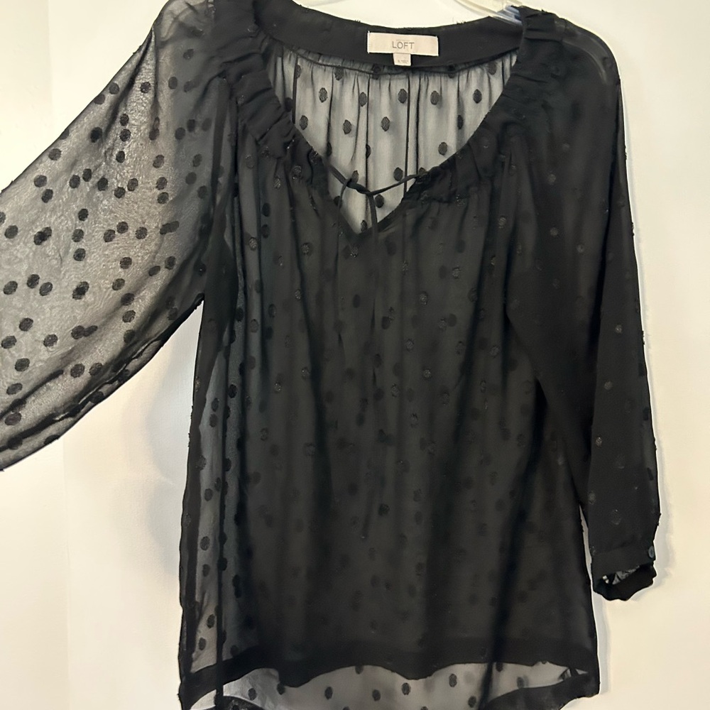 LOFT Black Sheer Polka Dot V-Neck Ruffle Blouse